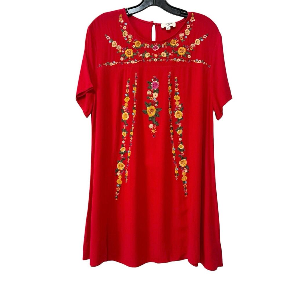Umgee Mini Tunic Dress Womens Medium Red Embroidered Short Sleeve  Boho Artsy